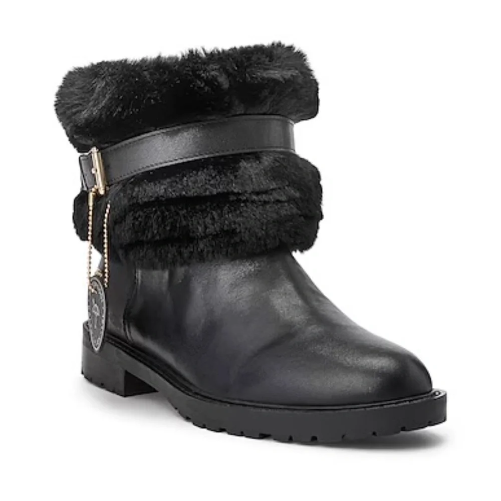 Ralph Lauren Evanston Waterproof Black Leather Winter Warm Fur Moto Boots 7